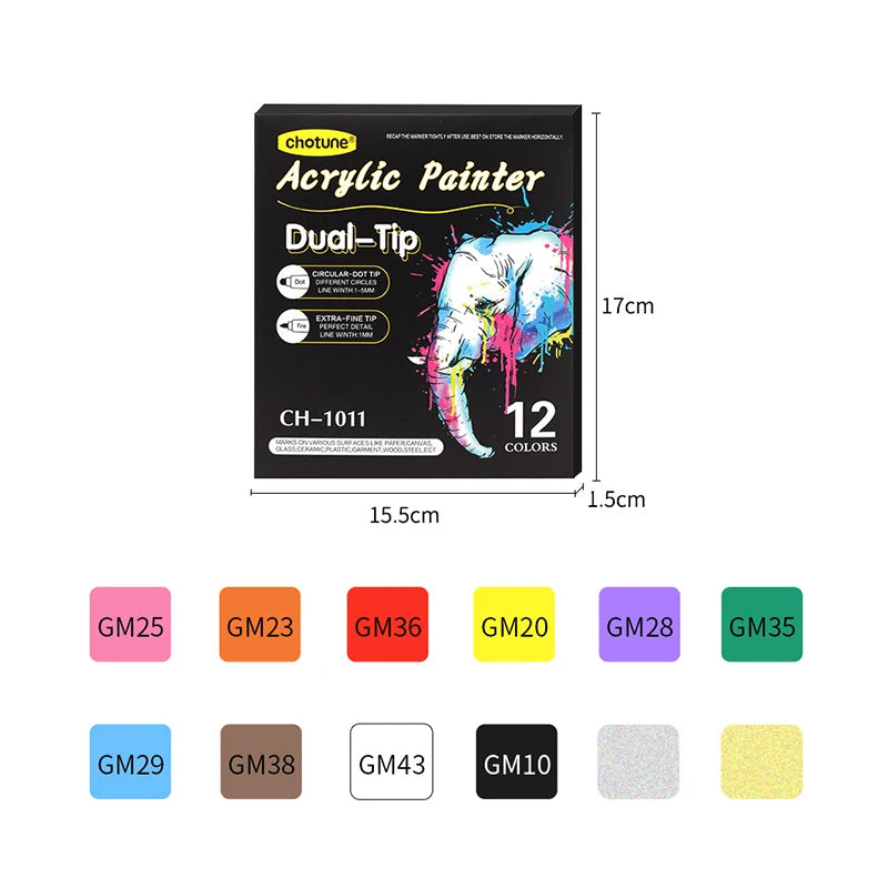 12/24/36 Colors Double Headed Acrylic Marker Waterproof Art Painting Supplies School Stationary Appliable for Fabric Wood Glass