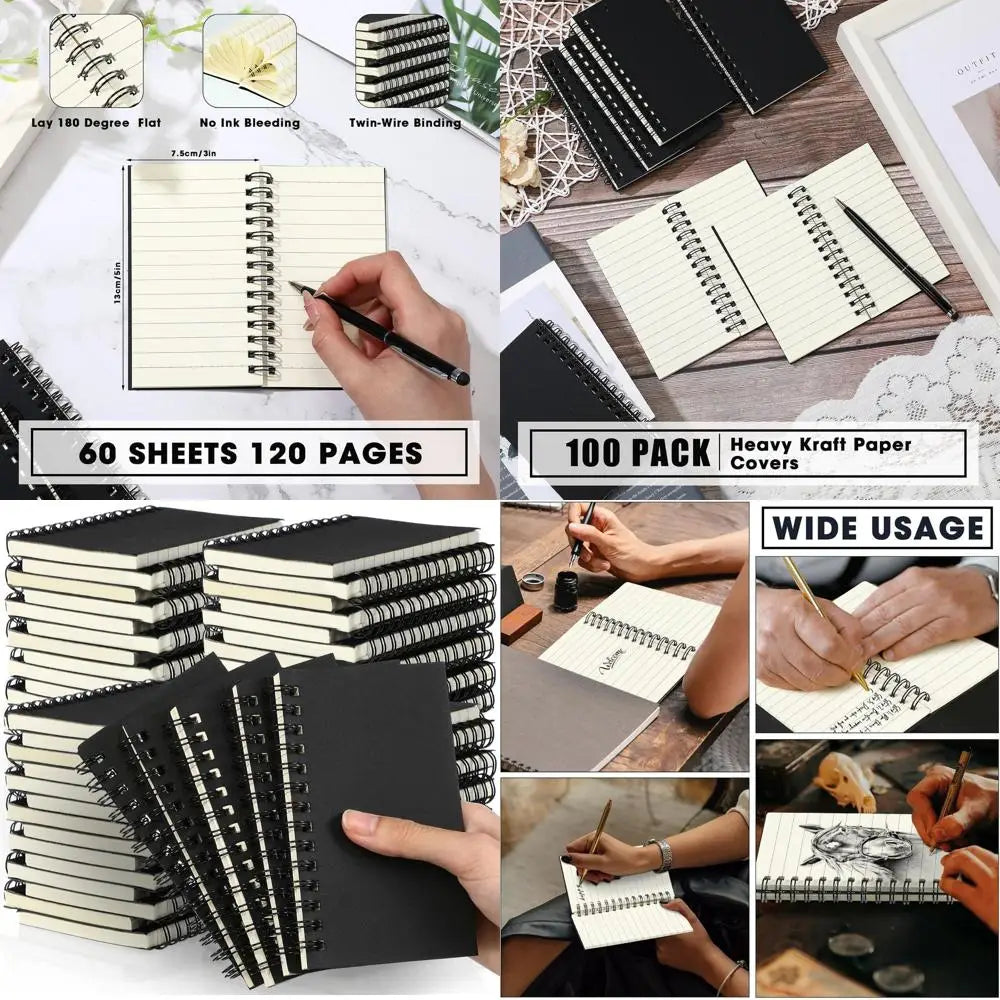 100 Pack Mini Spiral Notebooks, 3x5 Size, Lined 120-Page Journals for Office, School, and Gifts (Black)