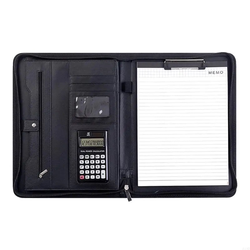 Leather Conference Folder Zippered Leather Business Document Organiser Clipboard with 12 Digit Calculator and Notepads F19E