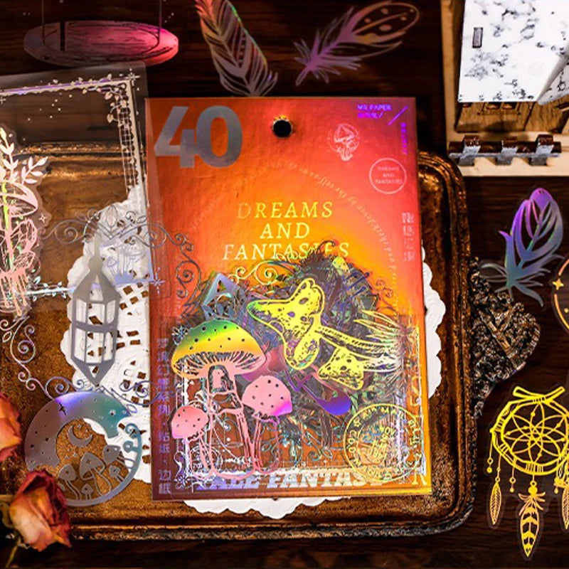 40pcs/pack PET Laser Craft Stickers Collage Junk Journal DIY Scrapbooking Adhesive Decor Waterproof Sticker Stationery