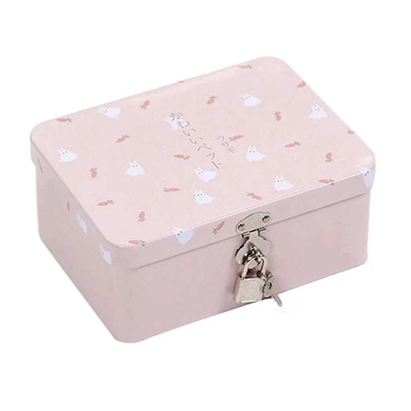 1pc cute Large Capacity Tinplate Box with Lock Key Desktop Storage Case Metal Box Pencil Candy Jar Storage Empty Box