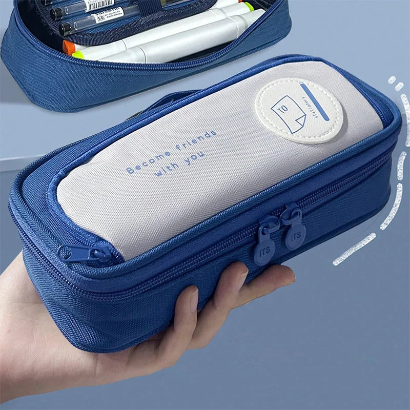 1 pc Cartoon Pencil Case Large Capacity Canvas Double-layer Pencil Bag Multi-function Handheld Kids Stationery Bag