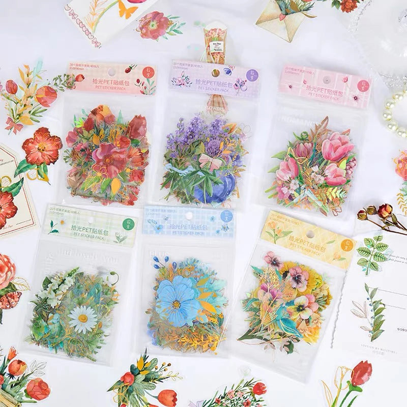 6 style 40pcs/Bag PET Stickers Hot Stamping Plant Flower Theme Mug Mobile Phone Decorative Handbook DIY Collage Stationery