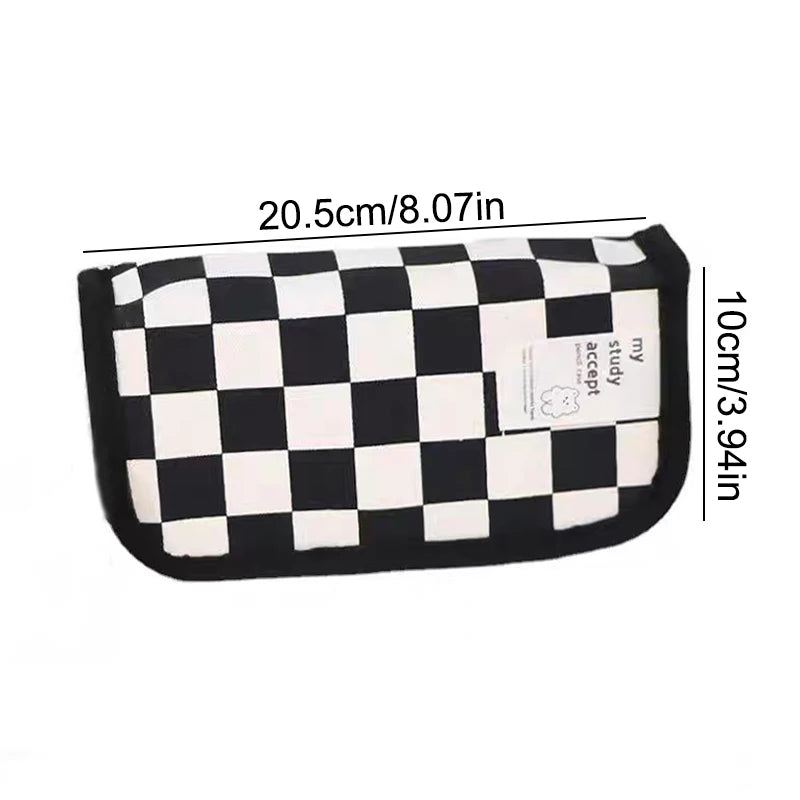 1Pc Large Capacity Pencil Case Black and White Checkerboard Grid Large Storage Pencil Bag Student Canvas Stationery Box
