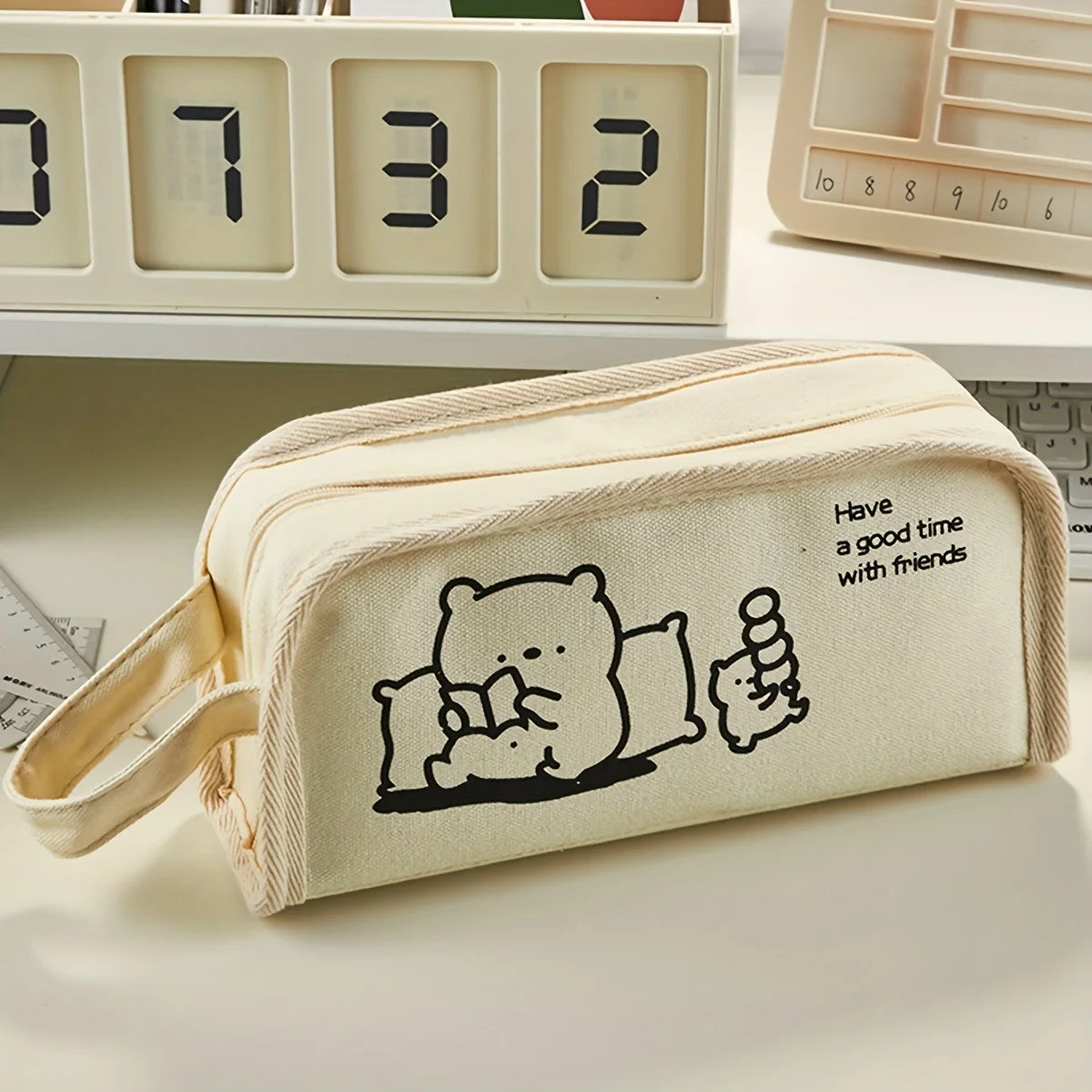 1pc Multi-layer pencil case with large capacity, multi-purpose student pencil case and makeup storage bag - cute reading bear