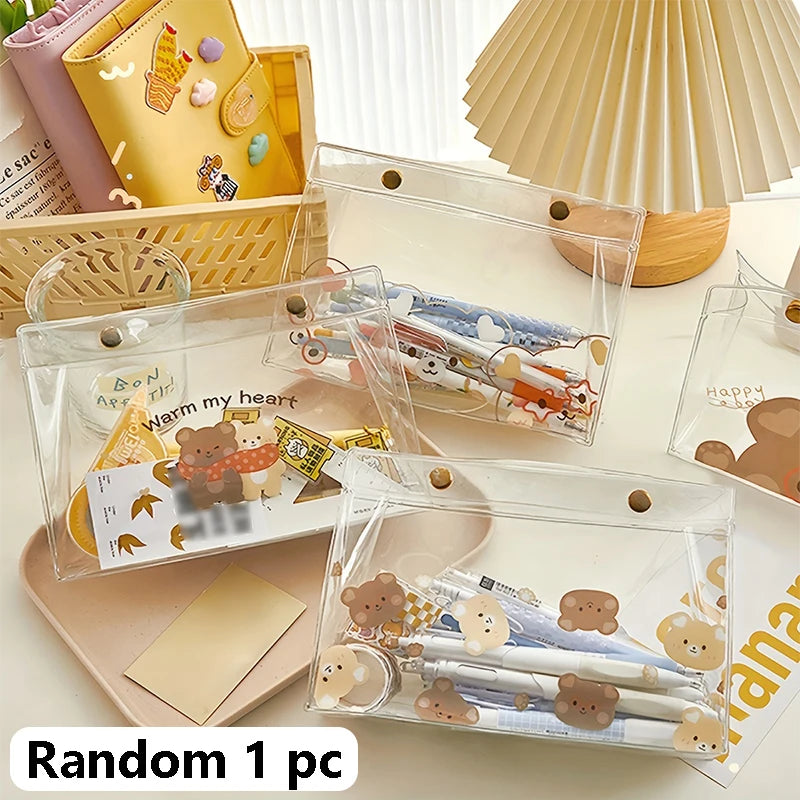 Large capacity high appearance level pencil case transparent exam special student pencil case, cute bear pattern, back to school