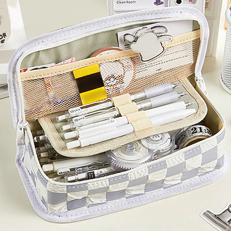 1Pc Large Capacity Small Dog Plaid Canvas Pencil Case School pencil case Kawaii Stationery Storage Bag aesthetic stationery