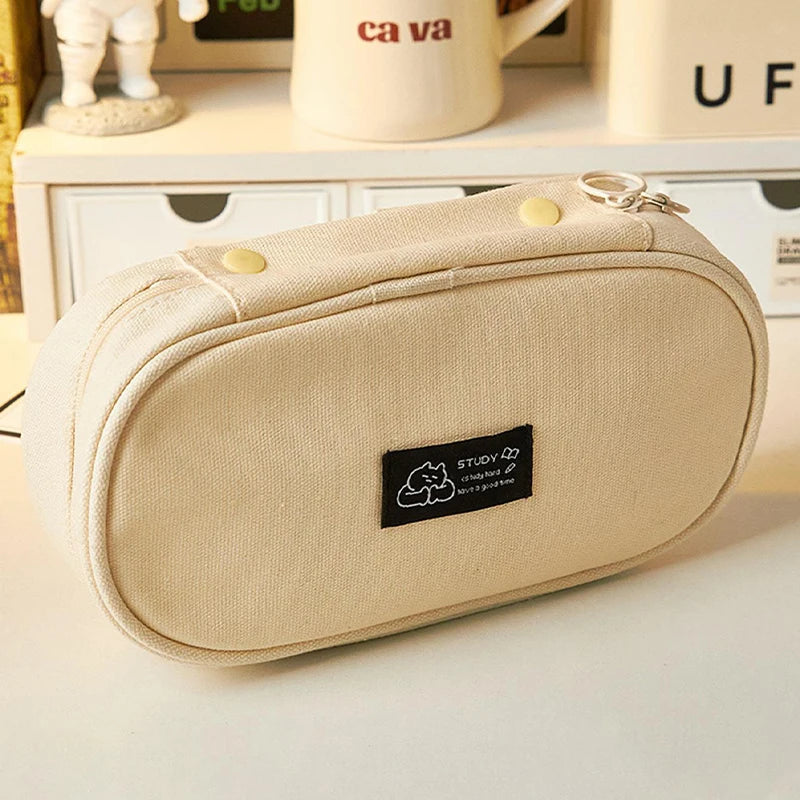 1pc Large capacity canvas pencil bag, Korean black student pencil case with large opening, multi-functional storage bag