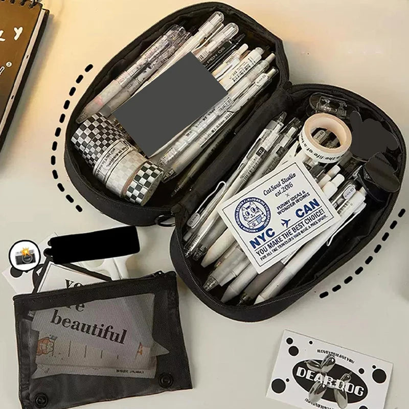 1pc Large capacity canvas pencil bag, Korean black student pencil case with large opening, multi-functional storage bag