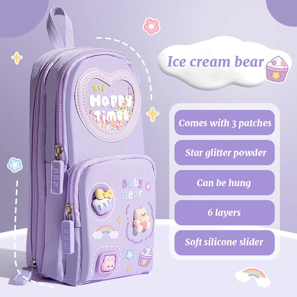 Three Layer Backpack Shape Pencil Case Large Capacity Cute Cartoon Simple for Girls School Students Stationery Supplies