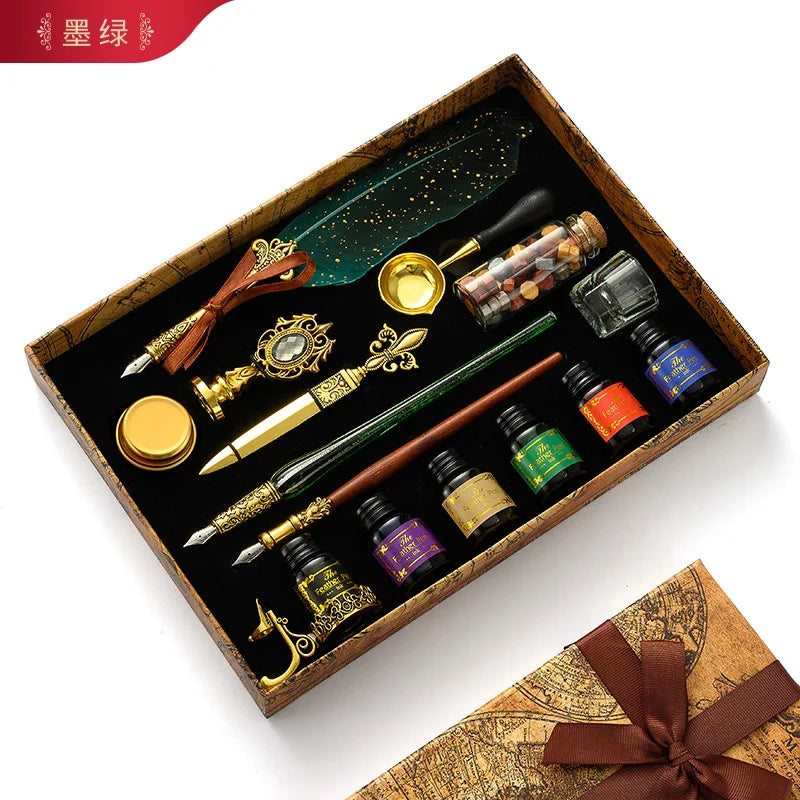 Classic Glass Dip Pens 18 Nibs 6 Color Ink Set With Seal Wax Stamp Vintage Crystal Feather Fountain Pen Calligraphy Kit