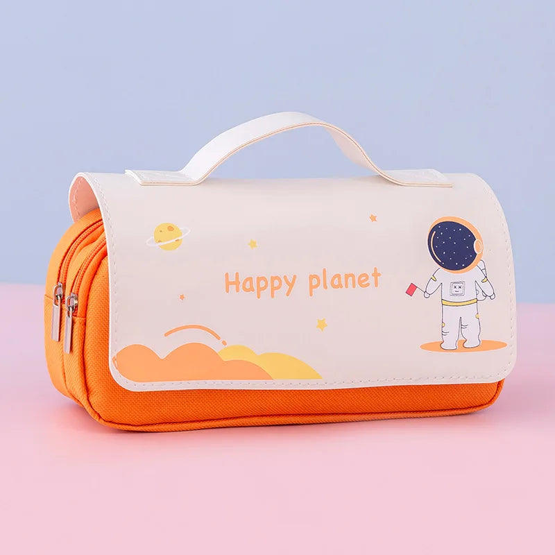Kawaii Astronaut Pencil Bag Large Capacity Waterproof Washable Double Zipper Leather Pen Case School Student Supplies Stationery