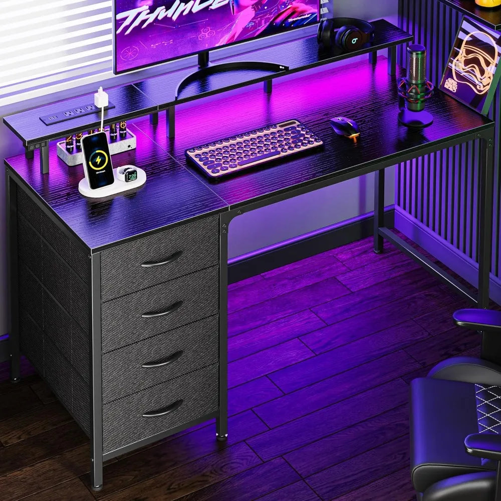 47 Inch Computer Desk with Power Outlets LED Lights Gaming Office Desk with 4 Drawers Monitor Stand Study Work Table for Home