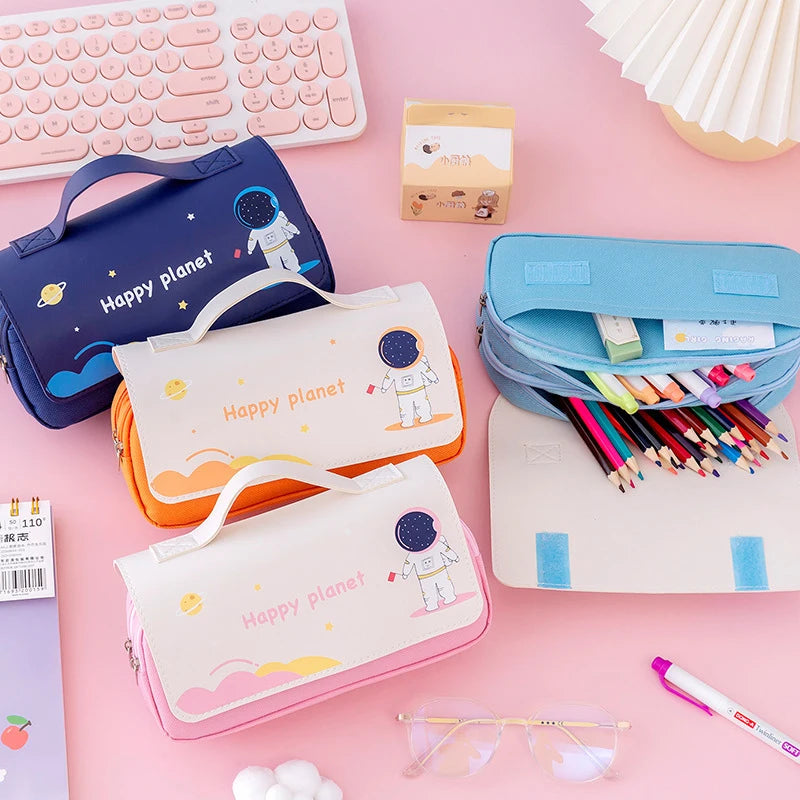 Kawaii Astronaut Pencil Bag Large Capacity Waterproof Washable Double Zipper Leather Pen Case School Student Supplies Stationery