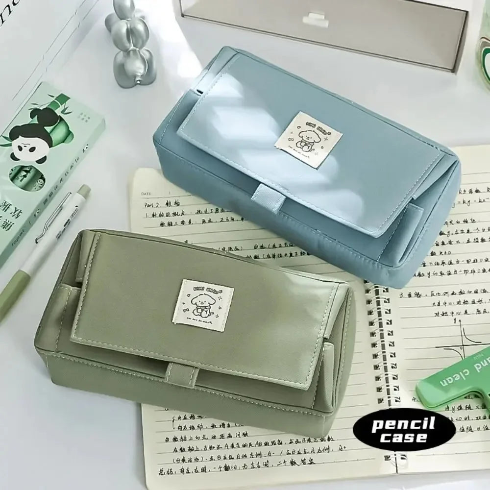Multi-layer Cartoon Puppy Canvas Pencil Bag Minimalism Kawaii Korean Stationery Cute Bag Office Culture and Educational Supplies