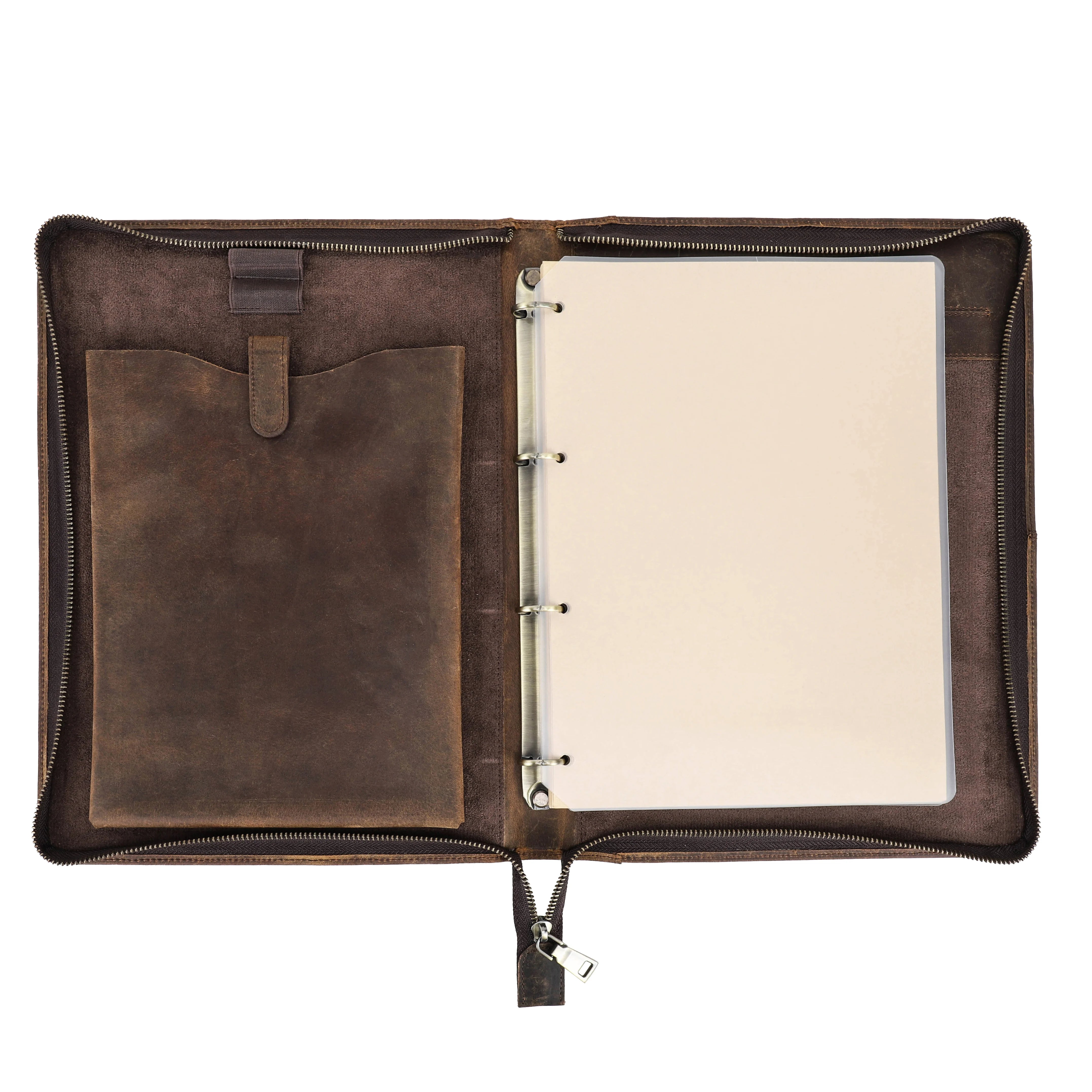 Luxury Retro A4 Cowhide Business Leather Portfolio with 4 Ring Binder Sketchbook Paper Pen Holder Ipad 11 pro Zipper Travel Case