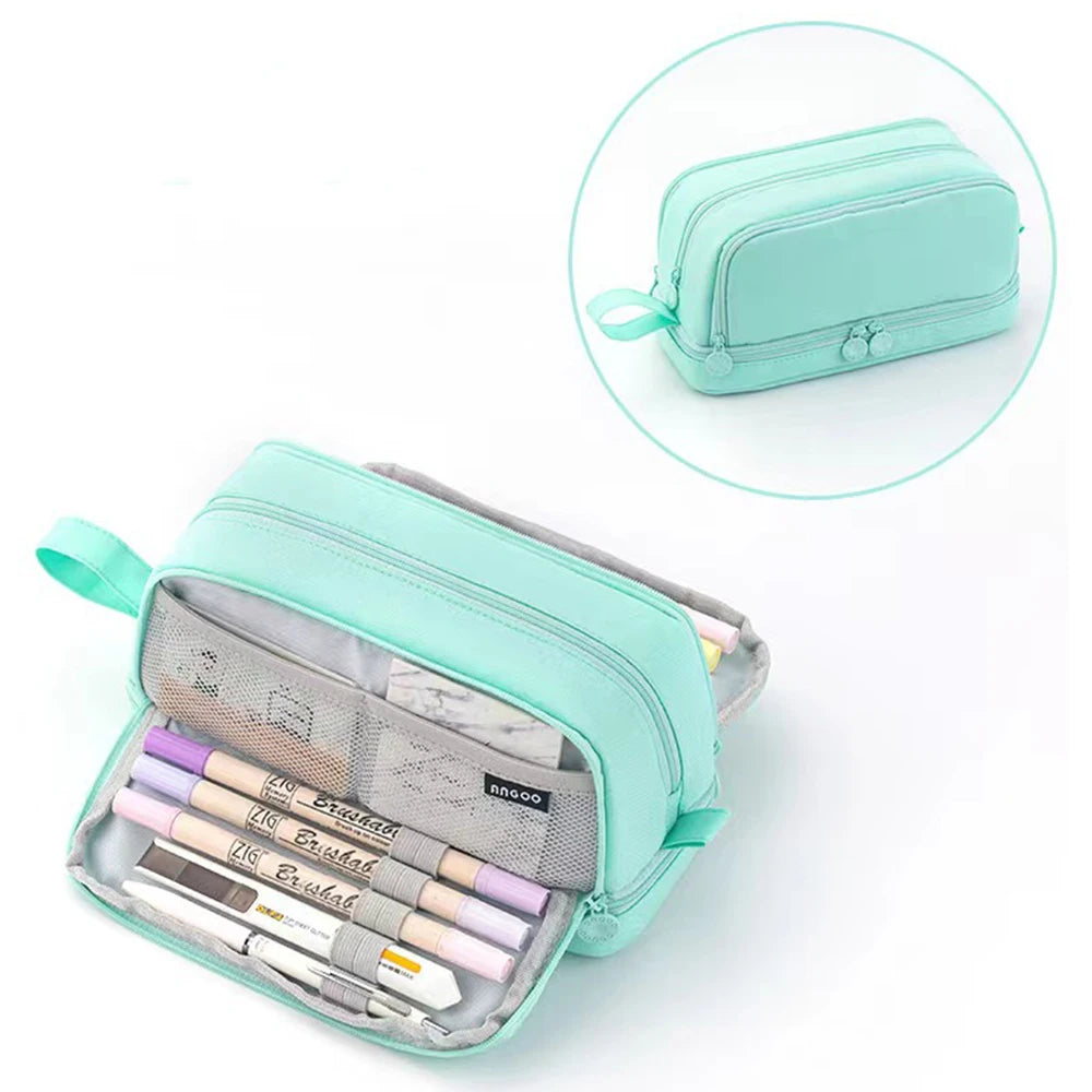 Large Capacity Pencil Case Simple Solid Color Stationery Box Double Layer Multifunctional Pen Pouch Students School Supplies