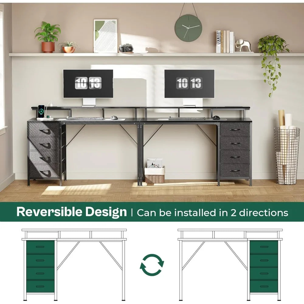 47 Inch Computer Desk with Power Outlets LED Lights Gaming Office Desk with 4 Drawers Monitor Stand Study Work Table for Home