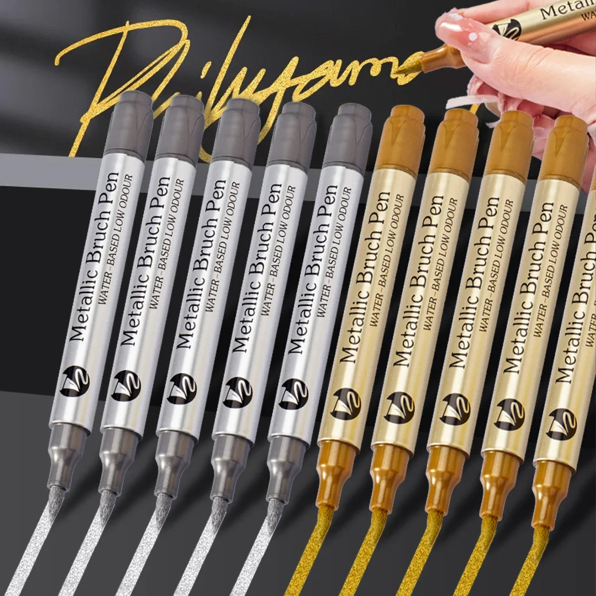 Fast Drying Brush Head Highlight Metal Pen Set Waterproof Ink Add-on Gold and Silver Graffiti Painting Brush Korean Stationery