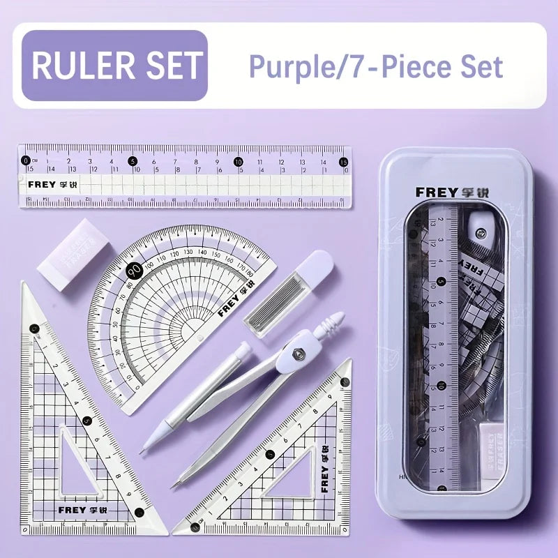 7 Pieces/box Ruler Set Compass Triangle Ruler School Supplies Simple Student Drawing Campus Stationery
