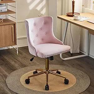 Light Pink Velvet Armless Office Desk Chair with Gold Base and Wheels, Cute Bedroom Vanity or Makeup Chair with Back Support